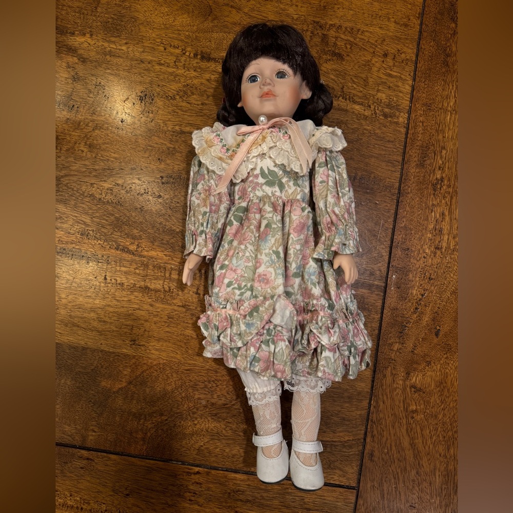 Vintage Floral Porcelain Doll with Lace Dress